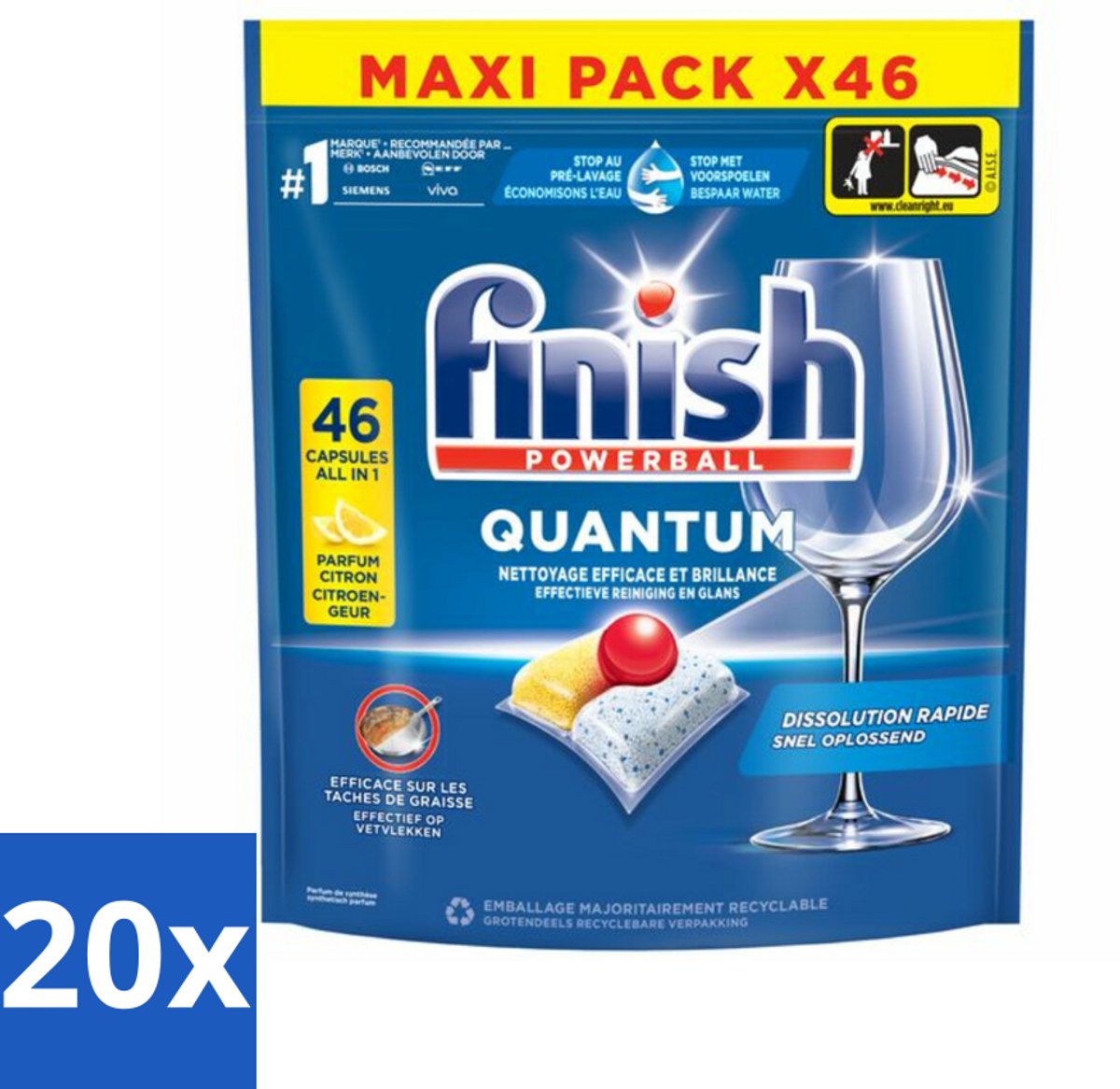 20 x Finish - Vaatwasmiddel - Quantum Vaatwastabletten Citroen - Diepe Reiniging & Frisheid - 46 capsules - Vaatwasmiddel - Vaatwastablet - Diepe Reiniging - Citroengeur - Glans (8721418554283)