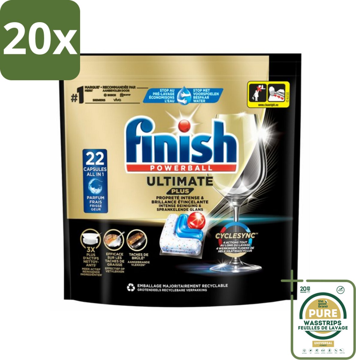 20 x Finish - Vaatwasmiddel - Ultimate Plus Vaatwastabletten Regular - Krachtige Alles-in-1 Reiniging - 22 capsules - Grootverpakking - Vaatwasmiddel - Vaatwastablet - Vaatwasmachine - Reinigingsmiddel - Glans (8122525488773)
