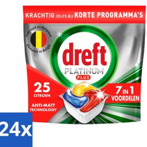 24 x Dreft - Vaatwastabletten - Platinum Plus All-in-One Citroen - Frisse geur - 25 Tabletten - Vaatwassertabs - Vaatwasser Capsules - Anti-dofheid - Glanzende Vaat - Vaatwasser Schoonmaak (8721418458888)
