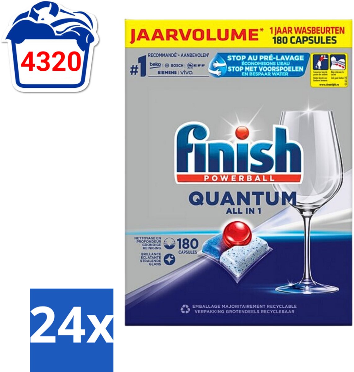 24 x Finish Powerball - Quantum All in 1 - Vaatwastabletten - 180 Tabletten - Vaatwascapsules - Diepe Reiniging - Glans - Vaatwasser - Finish Quantum (8005756671810)