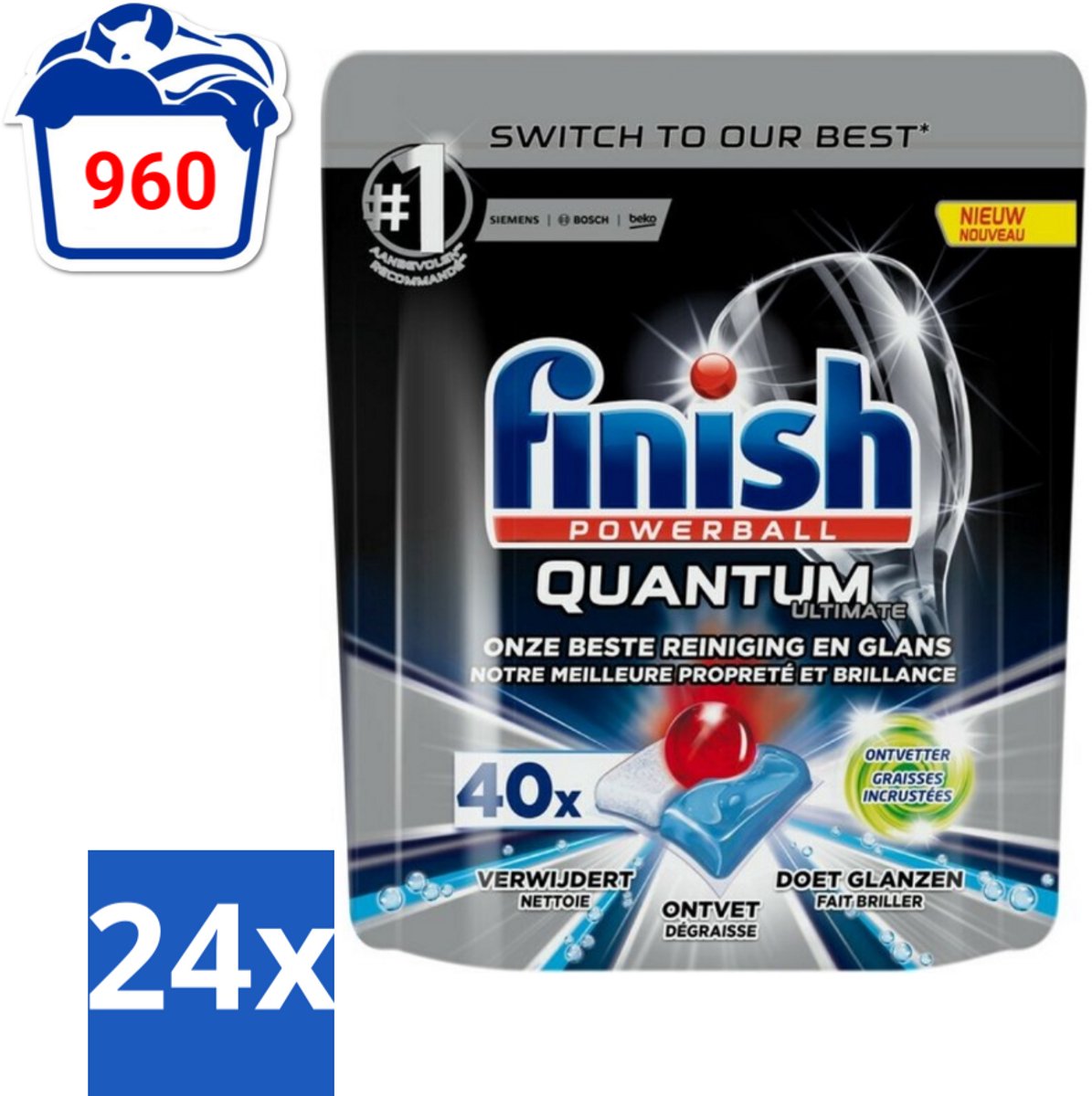 24 x Finish - Vaatwastabletten - Quantum Ultimate Ontvetter - 40 Capsules - Vaatwastabletten - Vaatwassertabletten - Ontvetter - Glans - Reiniging (8721418064621)