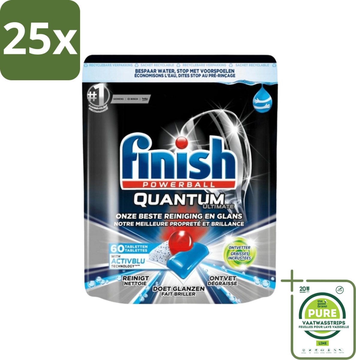 25 x Finish Powerball - Quantum Ultimate - Vaatwastabletten - Ontvetter - 60 Tabletten - Grootverpakking - Vaatwastabletten - Vaatwasser Tabletten - Ontvetter - Diepe Reiniging - Quantum Technologie (8017551761436)