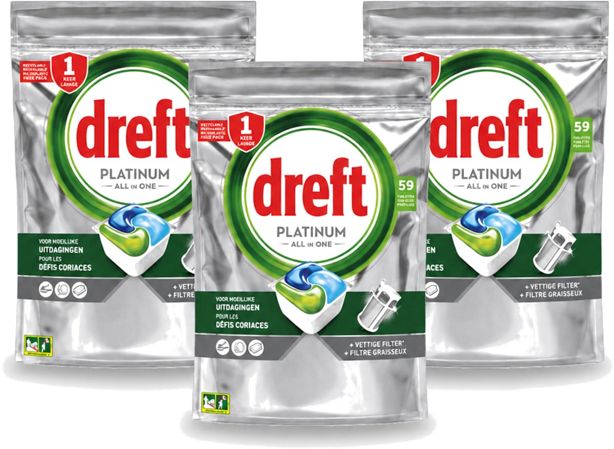 3 x Dreft - Vaatwastabletten - Platinum All-in-One Original - 59 Tabletten - Bulkverpakking - 3 stuks (8721643088683)