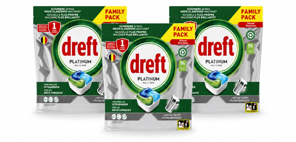 3 x Dreft - Vaatwastabletten - Platinum All-in-One Origineel - Grootverpakking - 96 Tabletten - Bulkverpakking - 3 stuks (8721643124138)