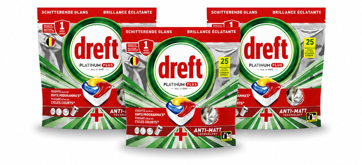 3 x Dreft - Vaatwastabletten - Platinum Plus All-in-One Citroen - Frisse geur - 25 Tabletten - Bulkverpakking - 3 stuks (8721643124169)