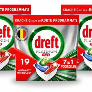 3 x Dreft - Vaatwastabletten - Platinum Plus All-in-One - Krachtige reiniging - 19 Tabletten - Bulkverpakking - 3 stuks (8721643124145)