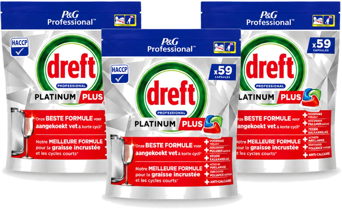 3 x Dreft - Vaatwastabletten - Platinum+ Regular - 59 Tabletten - Bulkverpakking - 3 stuks (8721643088720)