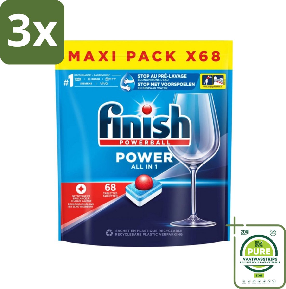 3 x Finish Powerball - Power All in 1 - Vaatwastabletten - Reiniging & Glans - 68 Tabletten - Grootverpakking - Vaatwastabletten - Vaatwasser - Diepe Reiniging - Glanzend Resultaat - Alles-in-één (8017551517415)