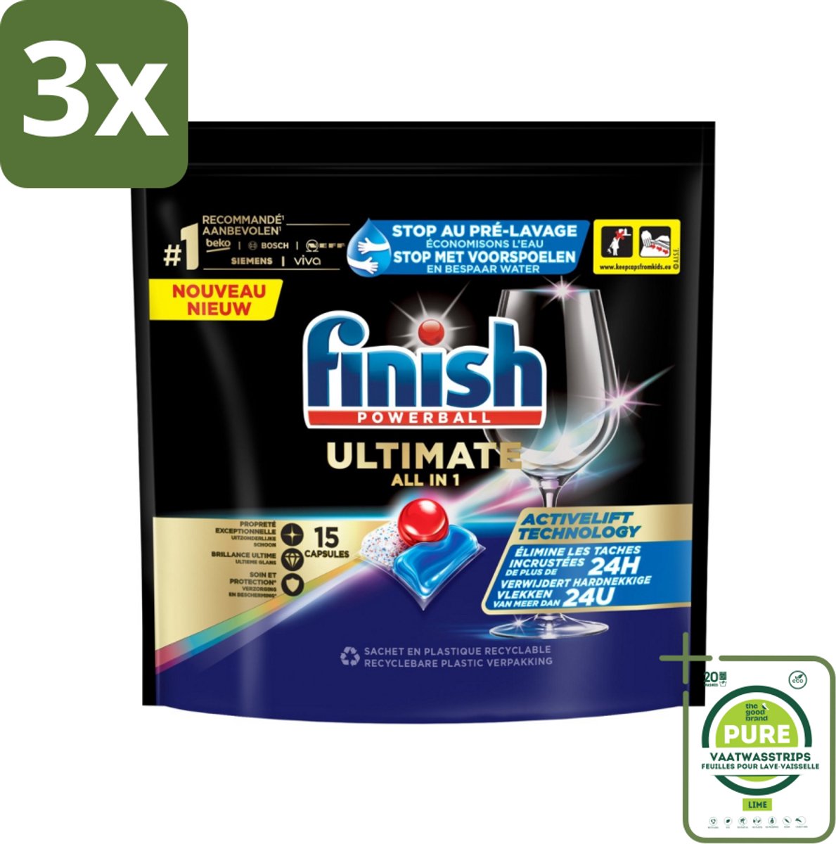 3 x Finish Powerball - Ultimate All in 1 - Vaatwastabletten - Activelift - 15 Capsules - Grootverpakking - Vaatwastabletten - Vaatwassertabletten - Finish Quantum - Activelift - Glans (8017551517378)