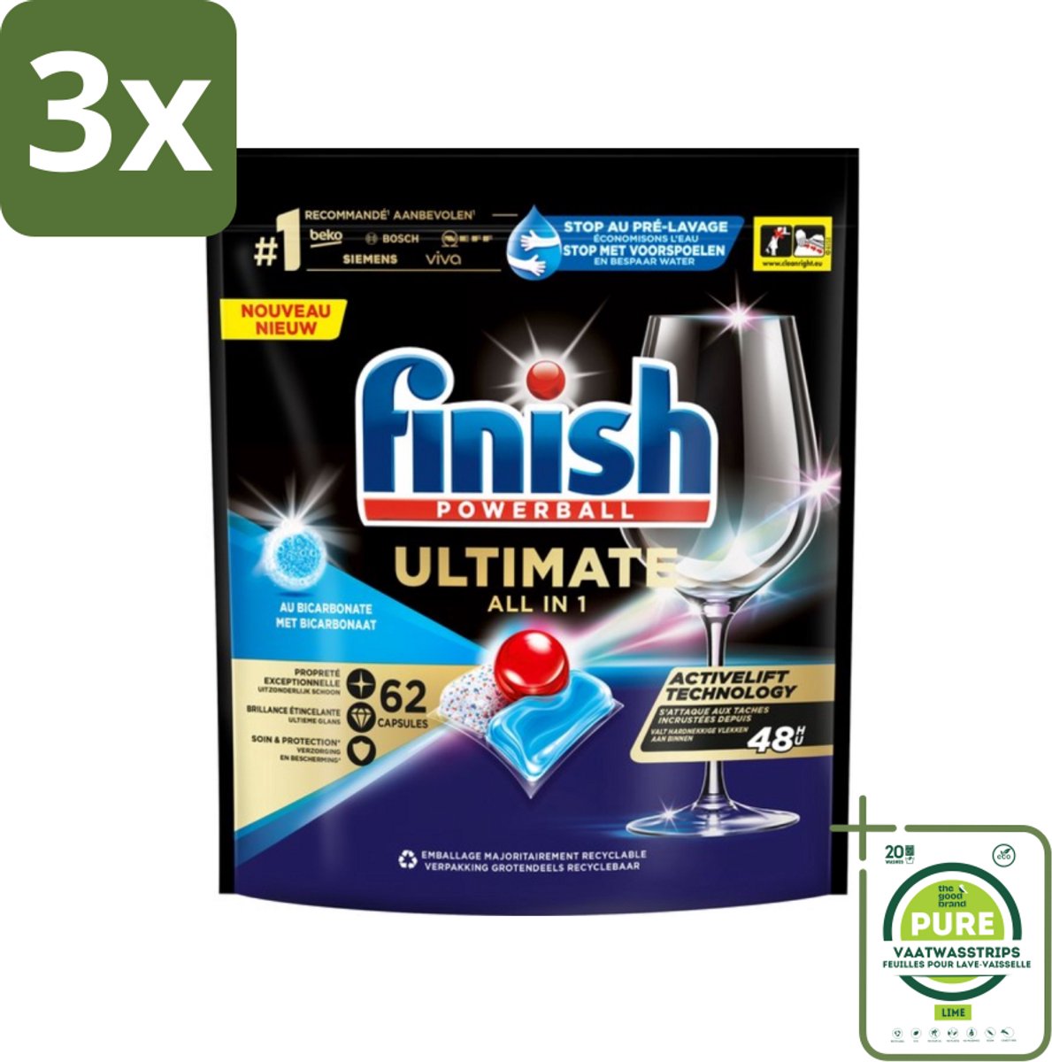 3 x Finish Powerball - Ultimate All in One - Vaatwastabletten - Met Bicarbonaat - 62 Capsules - Grootverpakking - Vaatwascapsules - Vaatwasser - Vaatwasmiddel - Glans - Reiniging (8017551517538)