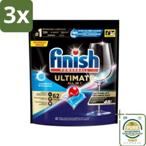 3 x Finish Powerball - Ultimate All in One - Vaatwastabletten - Met Bicarbonaat - 62 Capsules - Grootverpakking - Vaatwasmiddel - Vaatwascapsules - Glans - Reiniging - Vlekken Verwijderen (8027301885886)