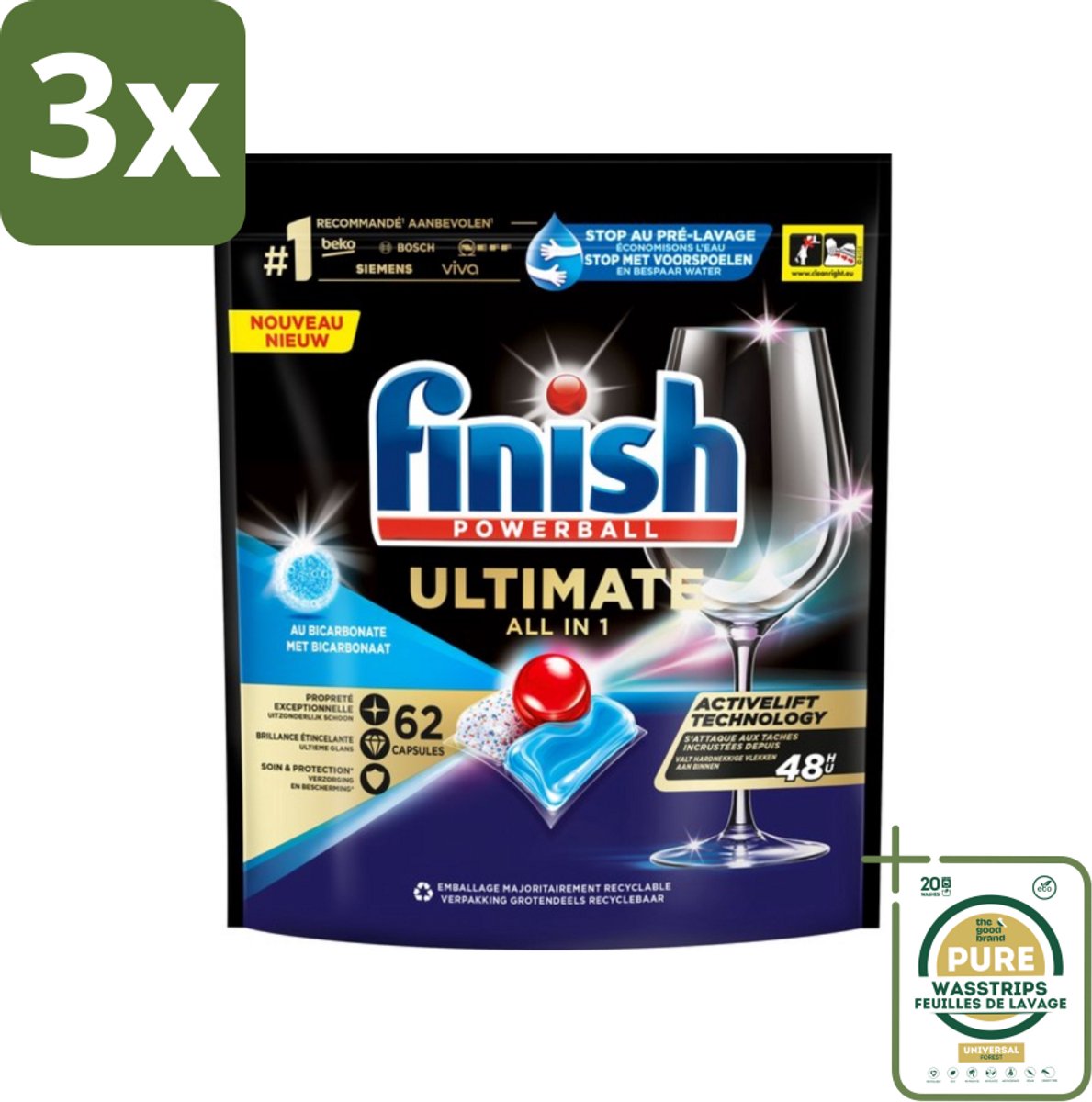 3 x Finish Powerball - Ultimate All in One - Vaatwastabletten - Met Bicarbonaat - 62 Capsules - Grootverpakking - Vaatwasmiddel - Vaatwascapsules - Glans - Reiniging - Vlekken Verwijderen (8027301885886)