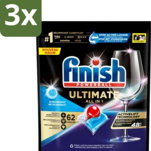 3 x Finish Powerball - Ultimate All in One - Vaatwastabletten - Met Bicarbonaat - 62 Capsules - Vaatwasmiddel - Vaatwascapsules - Glans - Reiniging - Vlekken Verwijderen (8721418817906)