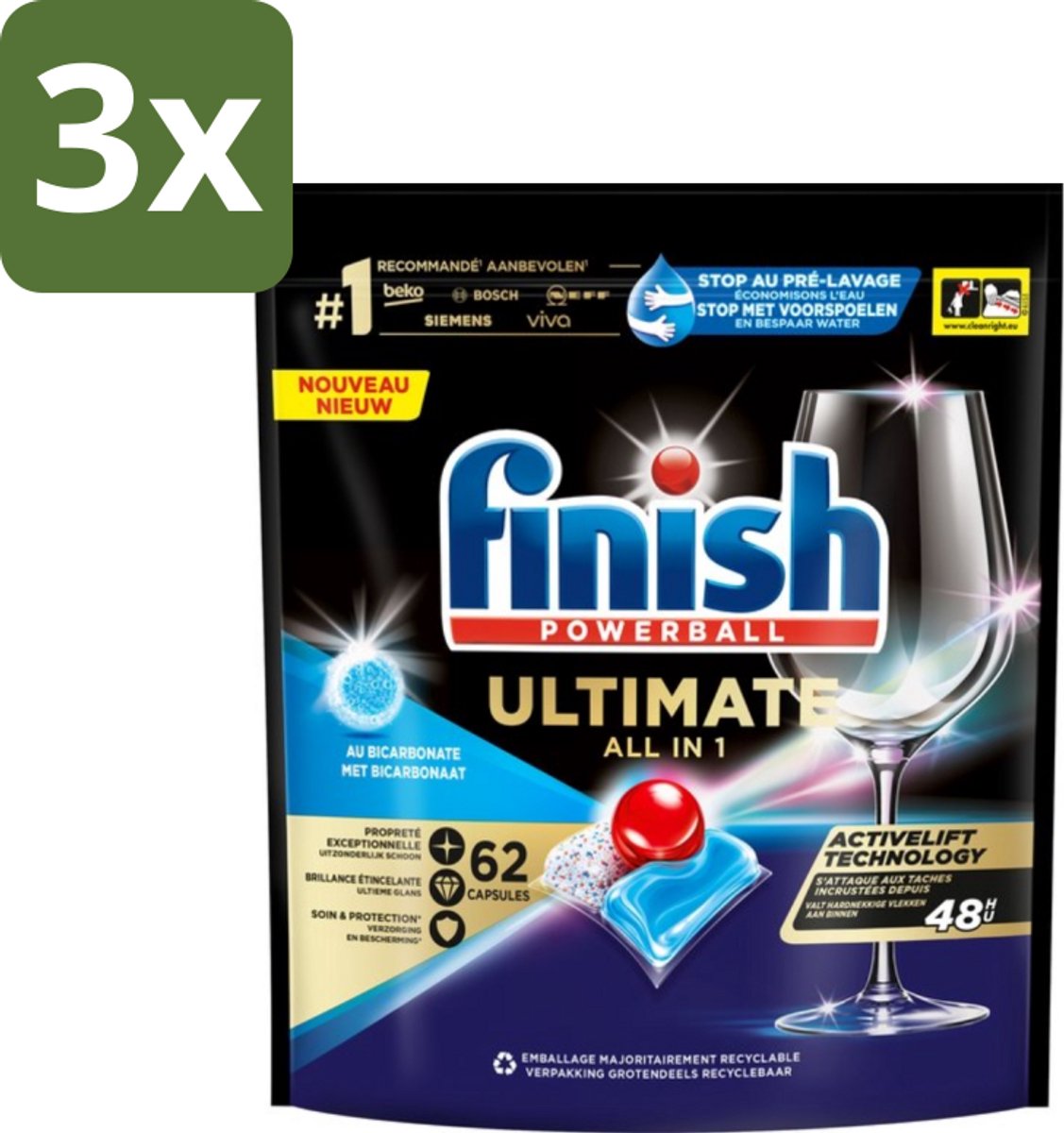3 x Finish Powerball - Ultimate All in One - Vaatwastabletten - Met Bicarbonaat - 62 Capsules - Vaatwasmiddel - Vaatwascapsules - Glans - Reiniging - Vlekken Verwijderen (8721418817906)