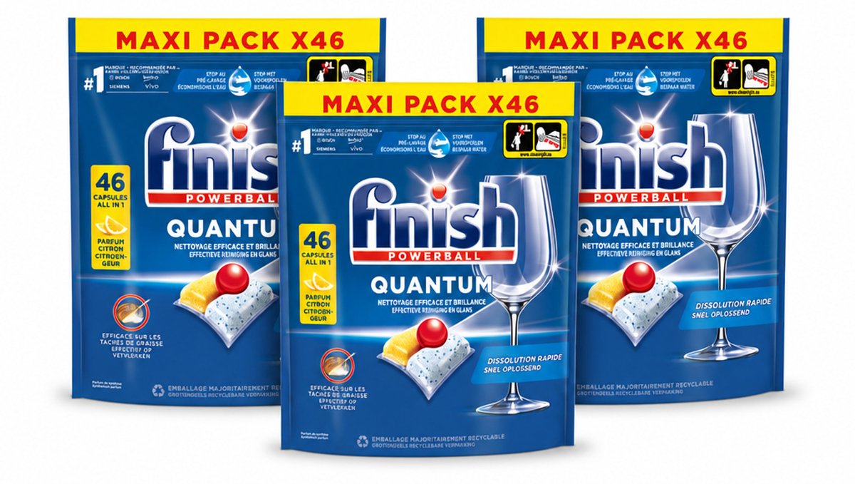 3 x Finish - Vaatwasmiddel - Quantum Vaatwastabletten Citroen - Diepe Reiniging & Frisheid - 46 capsules - Bulkverpakking - 3 stuks (8721643125715)