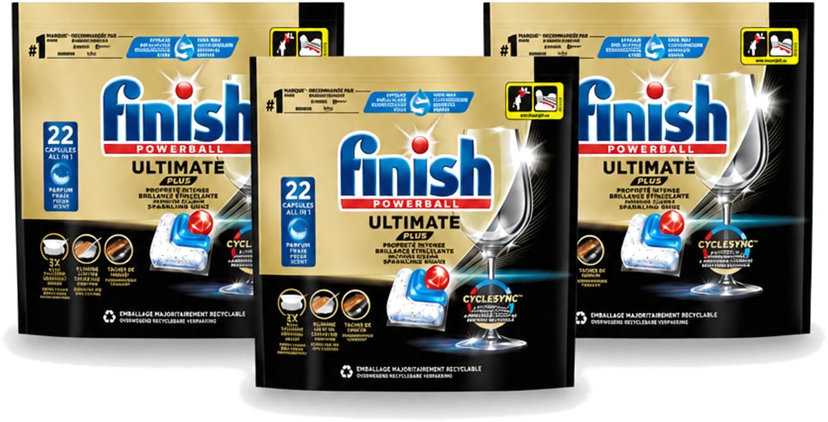 3 x Finish - Vaatwasmiddel - Ultimate Plus Vaatwastabletten Regular - Krachtige Alles-in-1 Reiniging - 22 capsules - Bulkverpakking - 3 stuks (8721643125739)