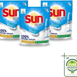3 x Sun All-in-1 - Eco Label - Vaatwastabletten - 78 Tabletten - Grootverpakking - Vaatwastabletten - Milieuvriendelijke Vaatwas - Eco Label - Vaatwasser Tabletten - Vet Verwijderen (8721643027736)
