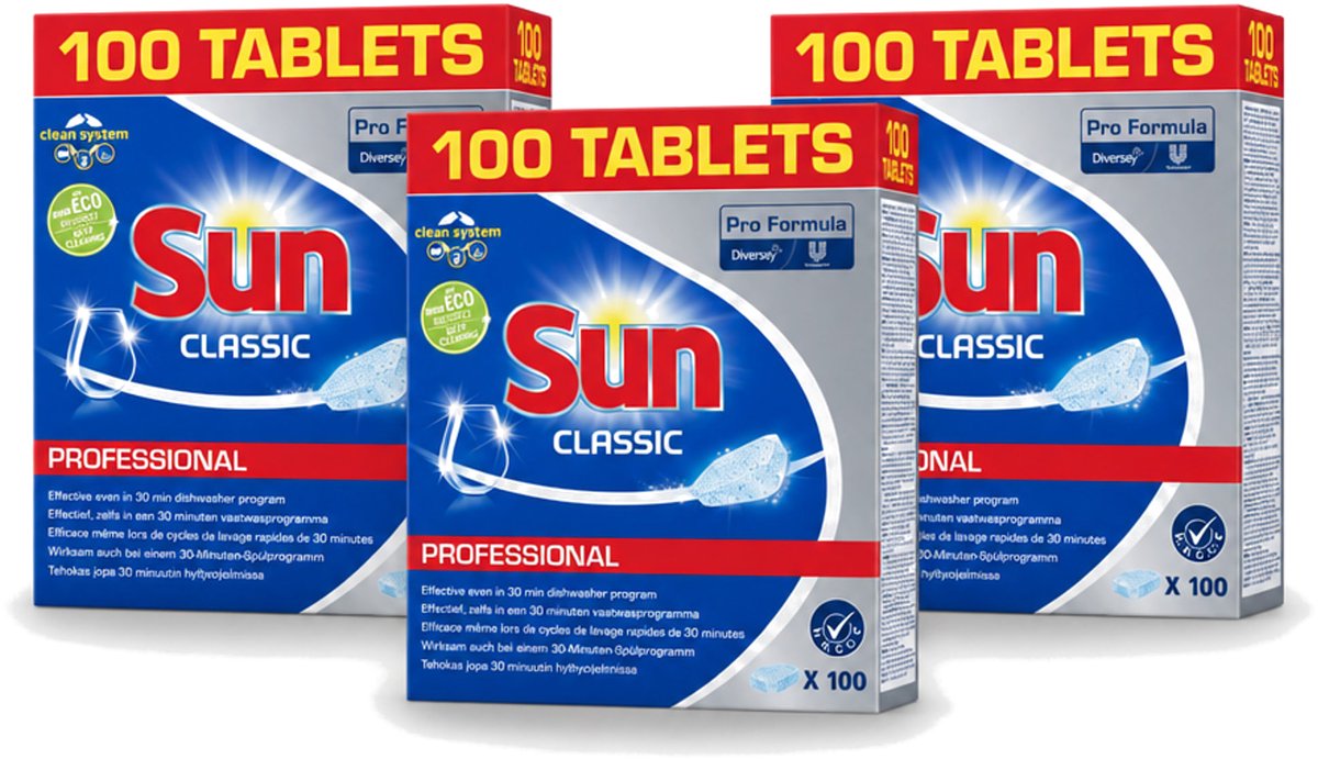 3 x Sun Classic - Pro Formula - Vaatwastabletten - 100 Tabletten - Voordeelverpakking - 3 stuks (8721643005833)