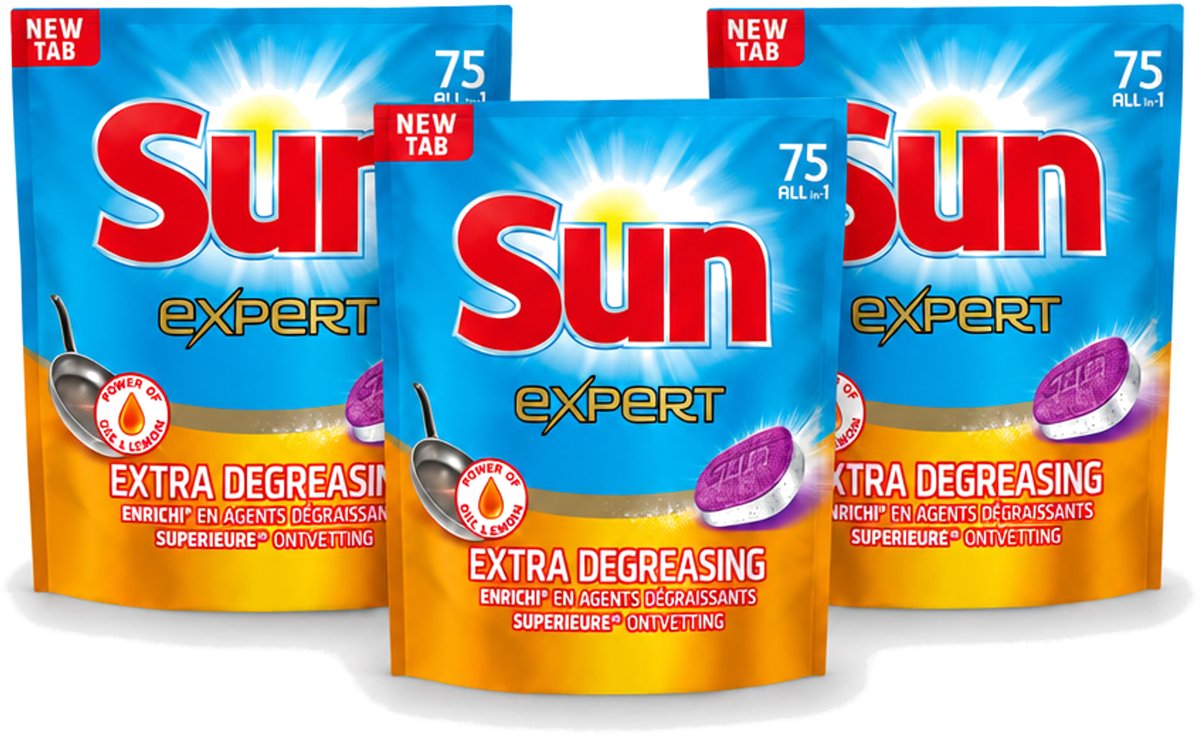 3 x Sun Expert - All-in-1 - Vaatwastabletten - Extra Ontvettend - 75 Tabletten - Voordeelverpakking - 3 stuks (8721643005840)