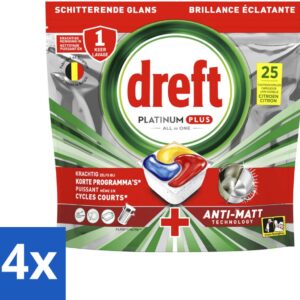 4 x Dreft - Vaatwastabletten - Platinum Plus All-in-One Citroen - Frisse geur - 25 Tabletten - Vaatwassertabs - Vaatwasser Capsules - Anti-dofheid - Glanzende Vaat - Vaatwasser Schoonmaak (8721418392465)