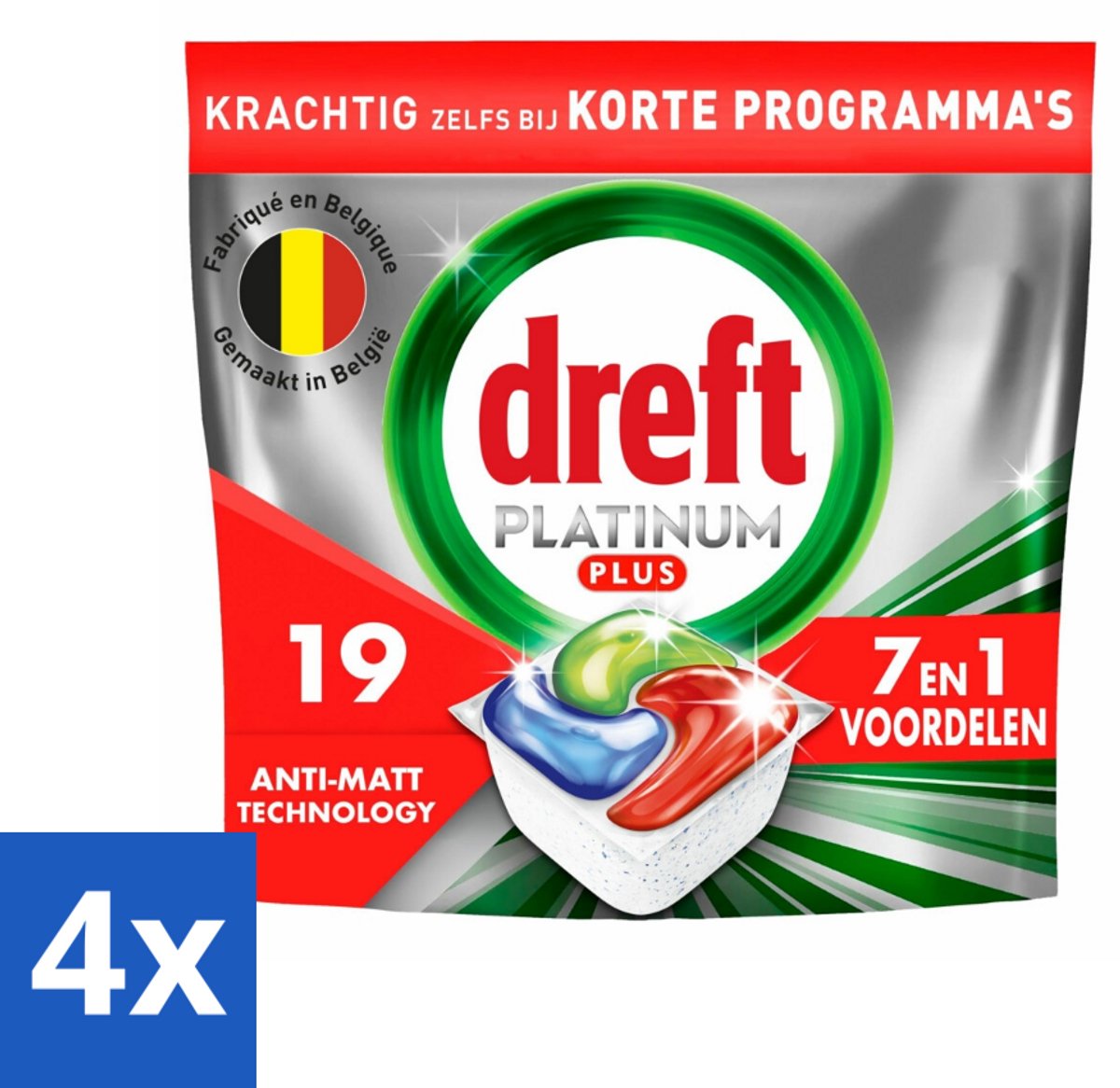 4 x Dreft - Vaatwastabletten - Platinum Plus All-in-One - Krachtige reiniging - 19 Tabletten - Vaatwastabletten - Vaatwasser Capsules - Glans - Schoonmaak - Vetverwijdering (8721418392298)