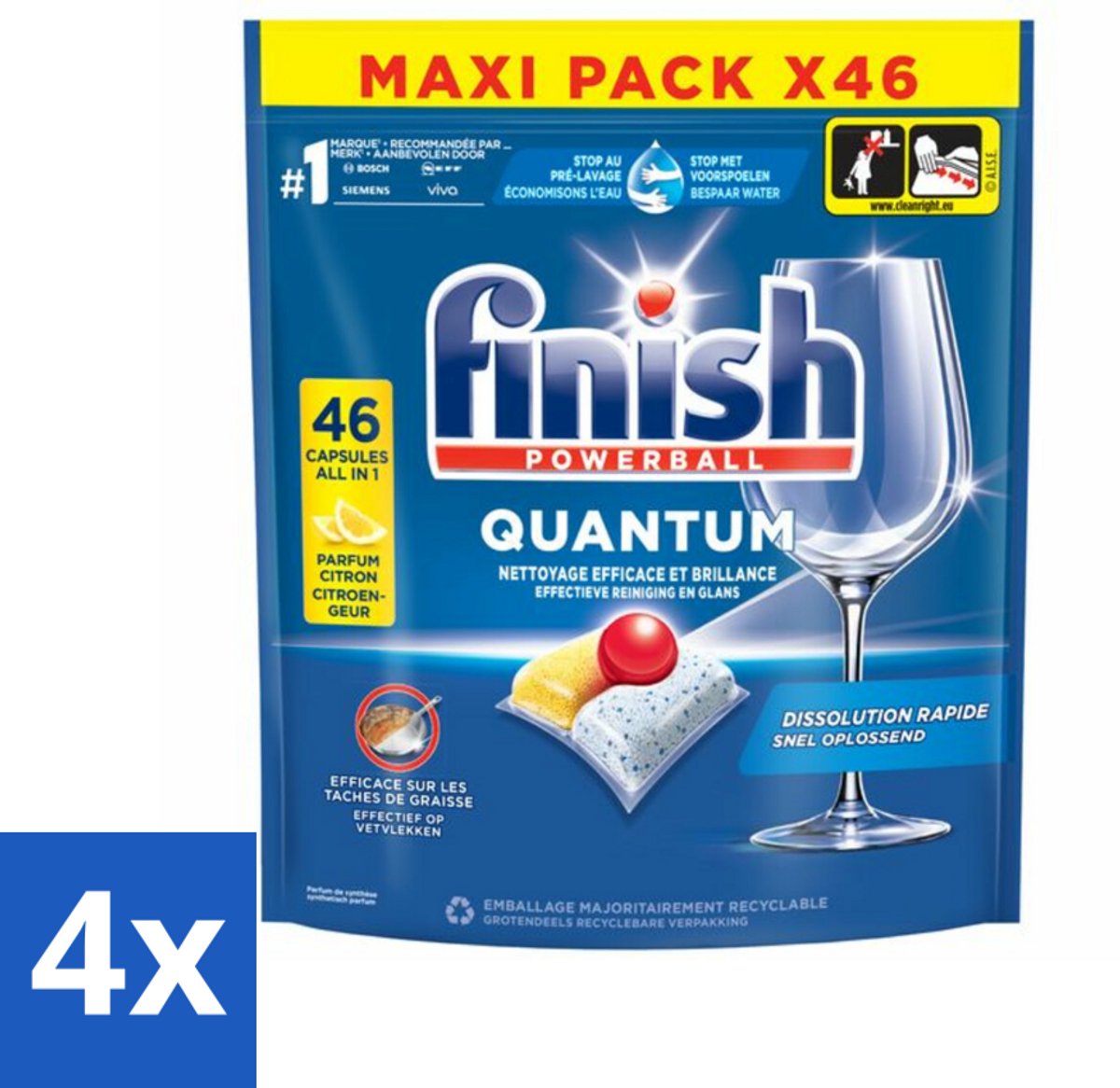 4 x Finish - Vaatwasmiddel - Quantum Vaatwastabletten Citroen - Diepe Reiniging & Frisheid - 46 capsules - Vaatwastabletten - Vaatwasser - Diepe Reiniging - Citrusgeur - Glans (8721418399303)