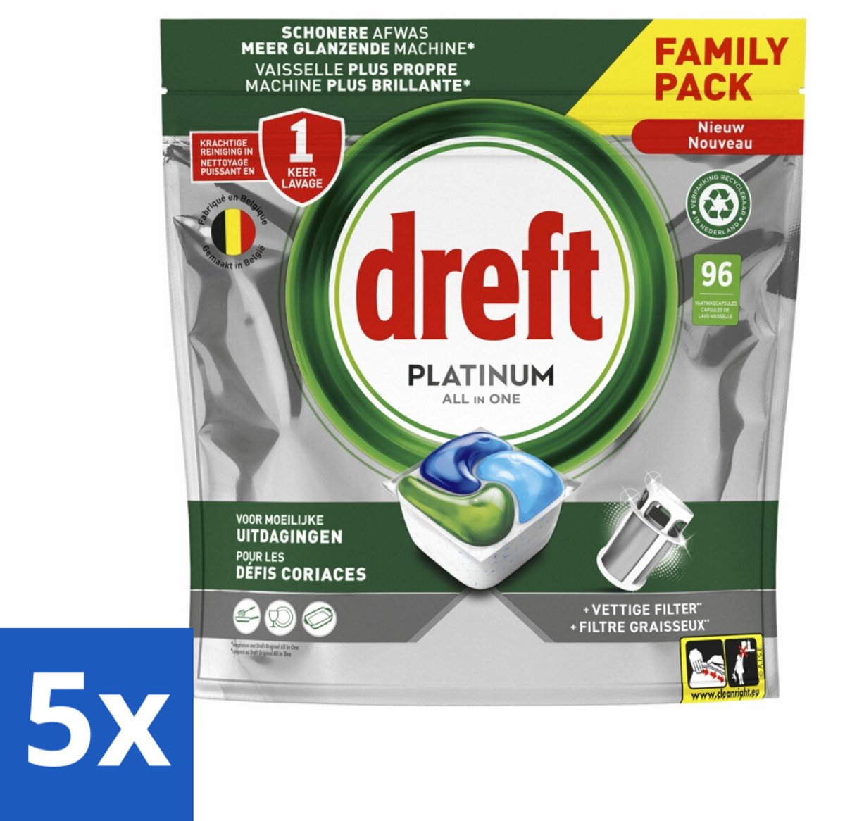 5 x Dreft - Vaatwastabletten - Platinum All-in-One Origineel - Grootverpakking - 96 Tabletten - Vaatwasmiddel - Vaatwastablet - Vetverwijdering - Vaatwasser Reinigen - Vaatwasser Filter Reinigen (8721418480957)