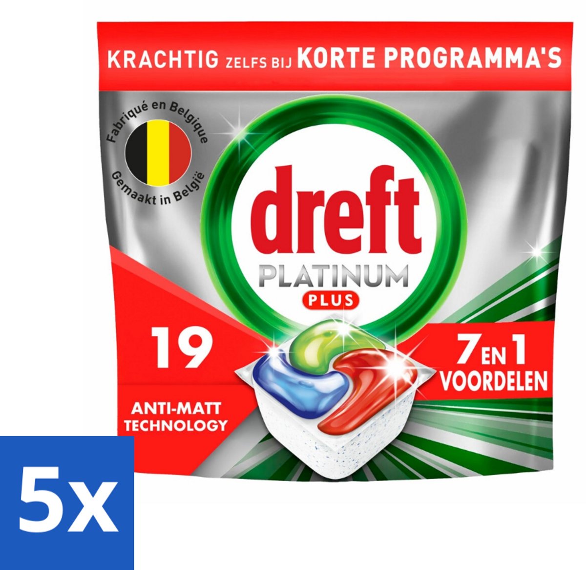 5 x Dreft - Vaatwastabletten - Platinum Plus All-in-One - Krachtige reiniging - 19 Tabletten - Vaatwasmiddel - Vaatwastabletten - Glans Herstellen - Vaat Reinigen - Vaatwasser (8721418480858)