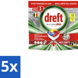 5 x Dreft - Vaatwastabletten - Platinum Plus All-in-One - Lemon - 12 Tabletten - Vaatwasmiddelen - Vaatwastabletten - Anti-dofheid - Vaatwasmiddelen Lemon - Vaatwasmiddelen Anti-matt (8721418726390)