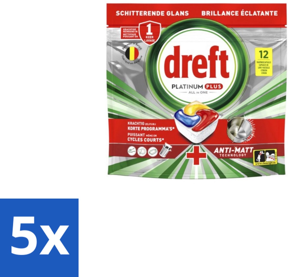 5 x Dreft - Vaatwastabletten - Platinum Plus All-in-One - Lemon - 12 Tabletten - Vaatwasmiddelen - Vaatwastabletten - Anti-dofheid - Vaatwasmiddelen Lemon - Vaatwasmiddelen Anti-matt (8721418726390)