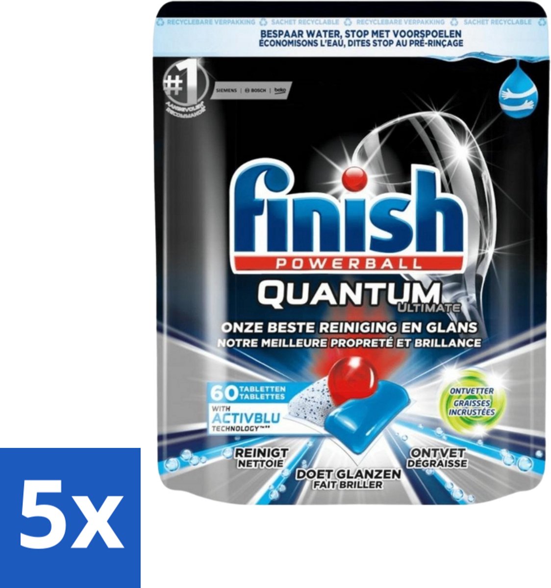 5 x Finish Powerball - Quantum Ultimate - Vaatwastabletten - Ontvetter - 60 Tabletten - Vaatwasmiddel - Vaatwastablet - Ontvetter - Vaat Reinigen - Vaatwasser (8721418074934)