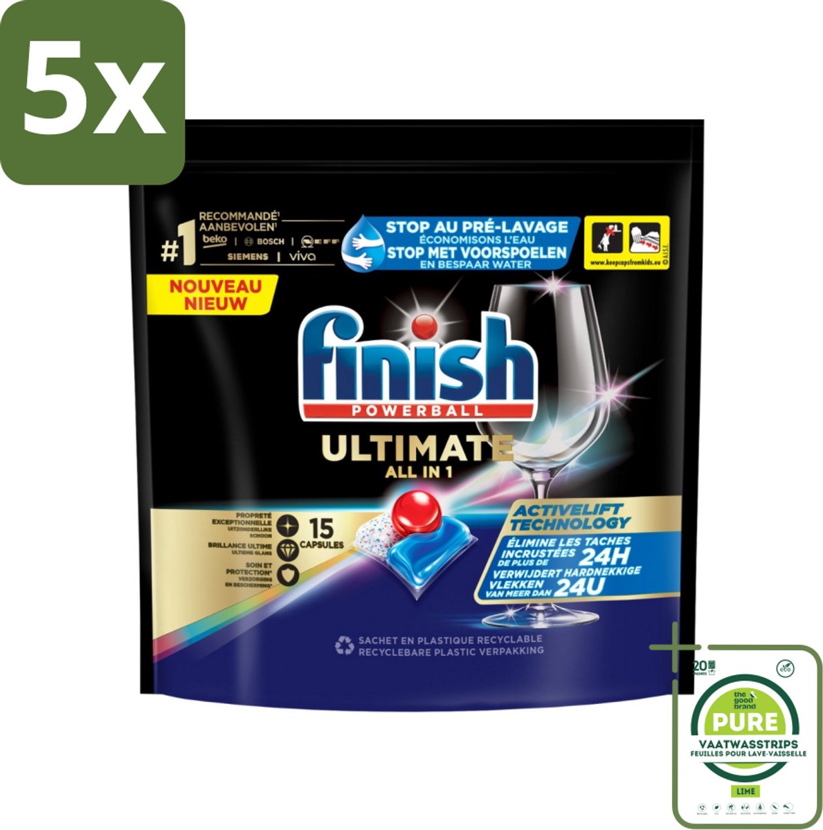 5 x Finish Powerball - Ultimate All in 1 - Vaatwastabletten - Activelift - 15 Capsules - Grootverpakking - Vaatwastabletten - Vaatwassertabletten - Finish Quantum - Activelift - Glans (8017551677263)