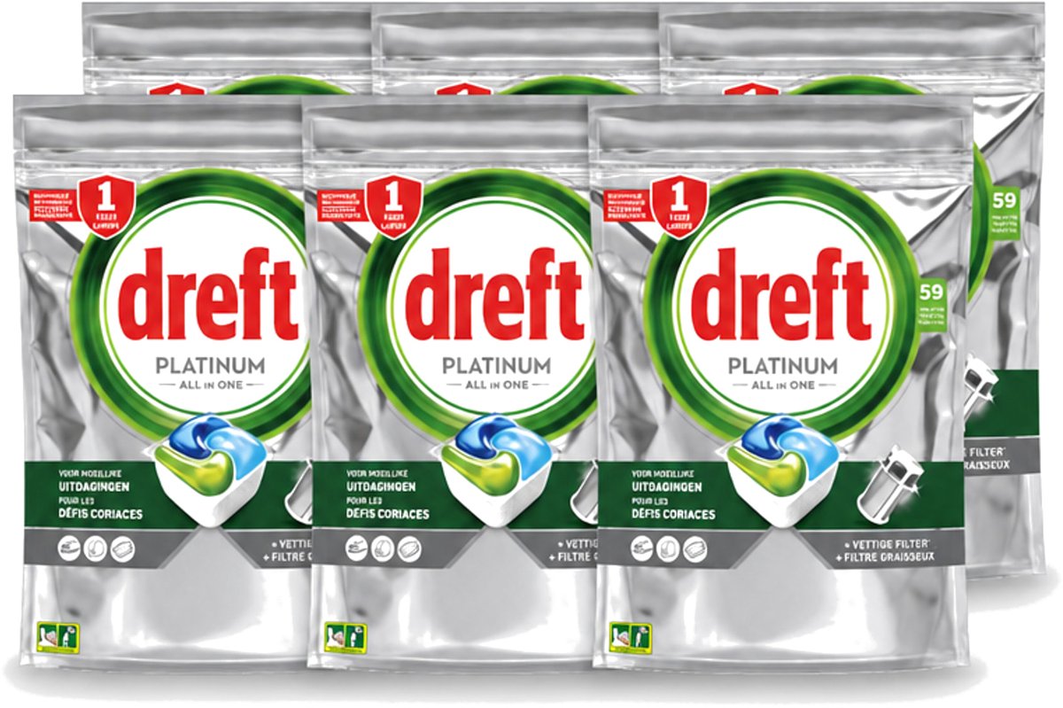 6 x Dreft - Vaatwastabletten - Platinum All-in-One Original - 59 Tabletten - Voordeelverpakking - 6 stuks (8721643091553)