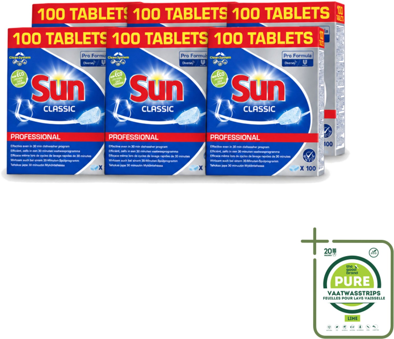 6 x Sun Classic - Pro Formula - Vaatwastabletten - 100 Tabletten - Grootverpakking - Vaatwastabletten - Vaatwasser - Reiniging - Vlekken Verwijderen - Kalkaanslag (8721643034994)
