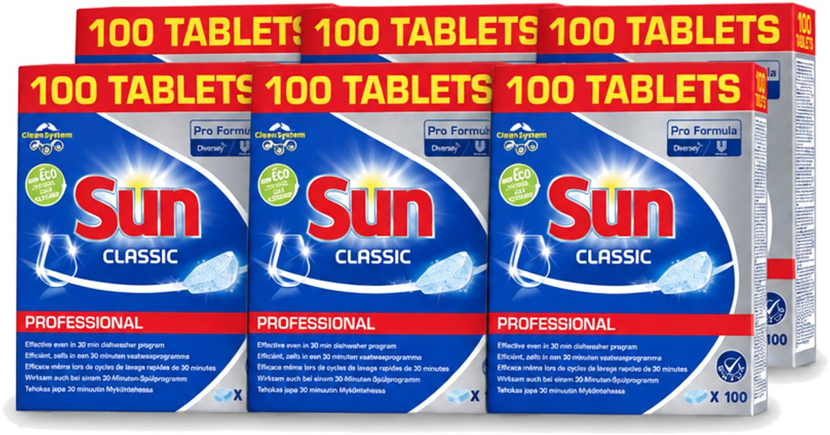 6 x Sun Classic - Pro Formula - Vaatwastabletten - 100 Tabletten - Voordeelverpakking - 6 stuks (8721643013128)