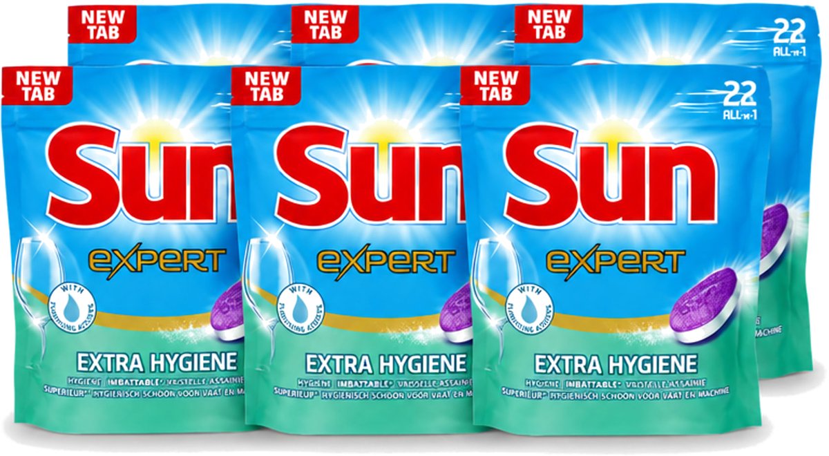 6 x Sun Expert - Extra Hygiëne - Vaatwastabletten - 22 Tabletten - Voordeelverpakking - 6 stuks (8721643013180)