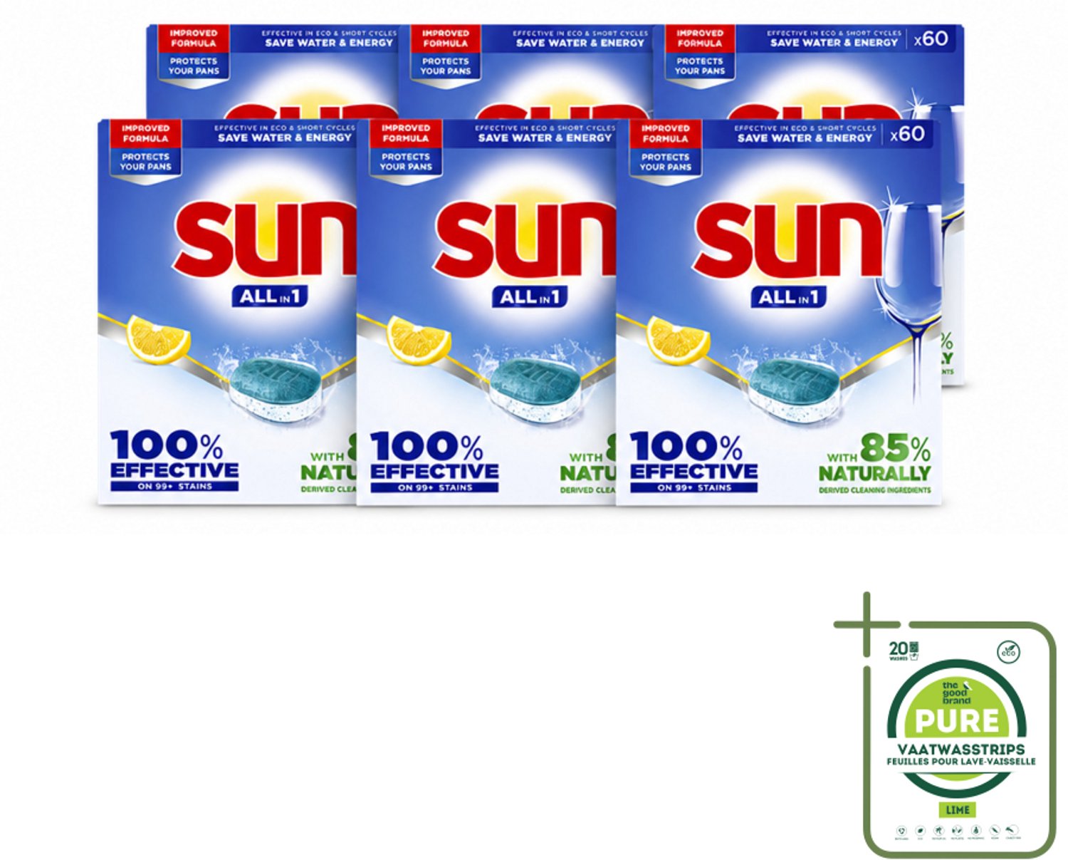 6 x Sun - Vaatwastabletten - All-in-1 Citroen - 60 tabletten - Grootverpakking - Vaatwastabletten Citroen - Vaatwasmiddel - Reiniging - Schone Vaat - Glans (8721643189410)