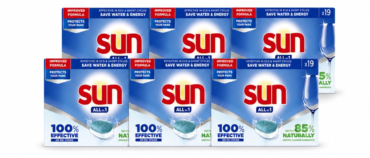 6 x Sun - Vaatwastabletten - All-in-1 Neutraal - 19 tabletten - Voordeelverpakking - 6 stuks (8721643146956)