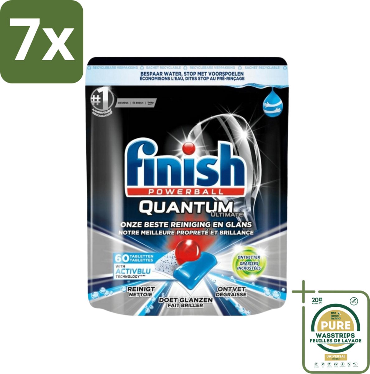 7 x Finish Powerball - Quantum Ultimate - Vaatwastabletten - Ontvetter - 60 Tabletten - Grootverpakking - Vaatwasmiddel - Vaatwastablet - Ontvetter - Vaat Reinigen - Vaatwasser (8027301914241)