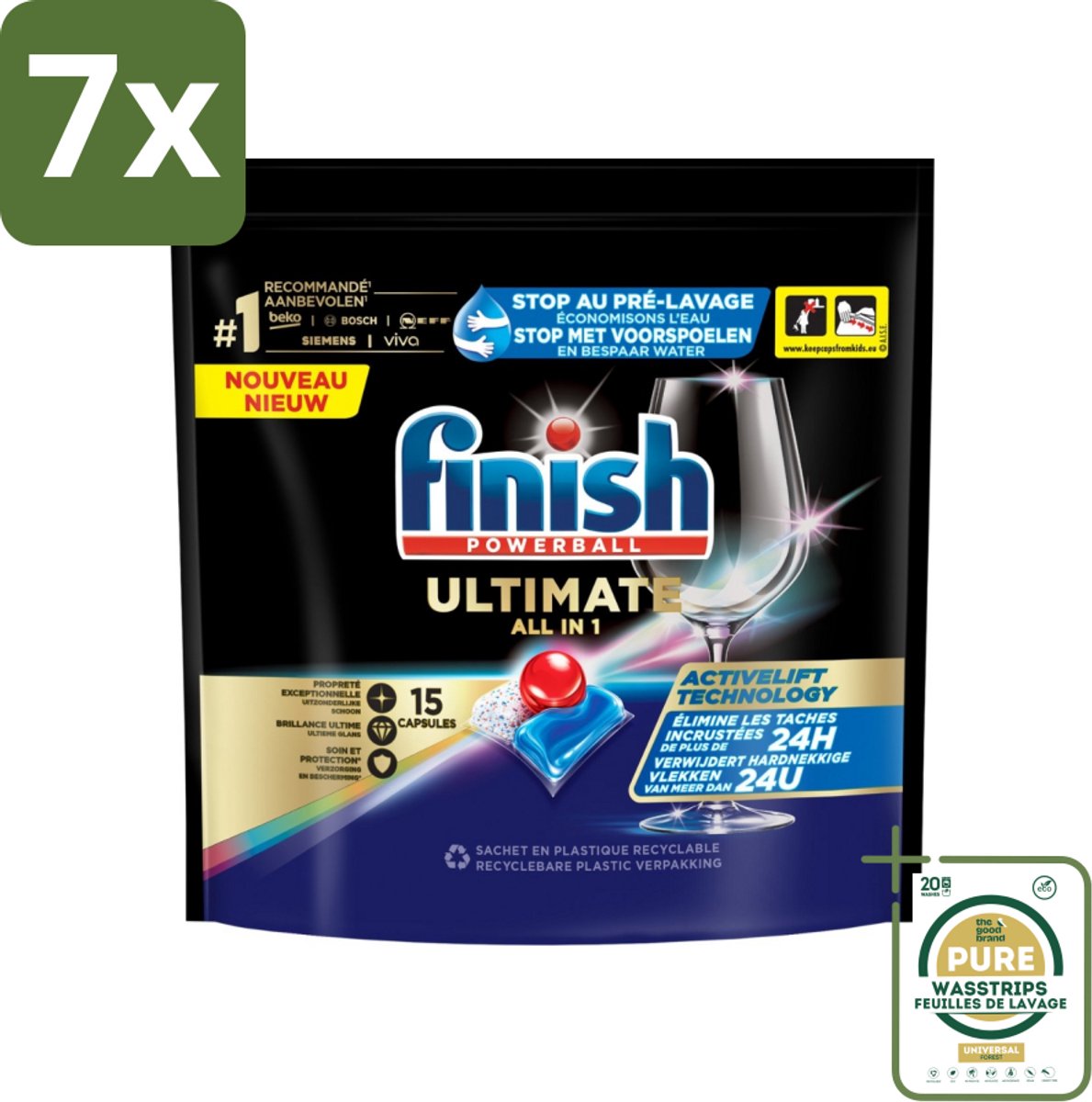 7 x Finish Powerball - Ultimate All in 1 - Vaatwastabletten - Activelift - 15 Capsules - Grootverpakking - Vaatwastabletten - Activelift - Reiniging - Glans - Vaatwassen (8027301919048)