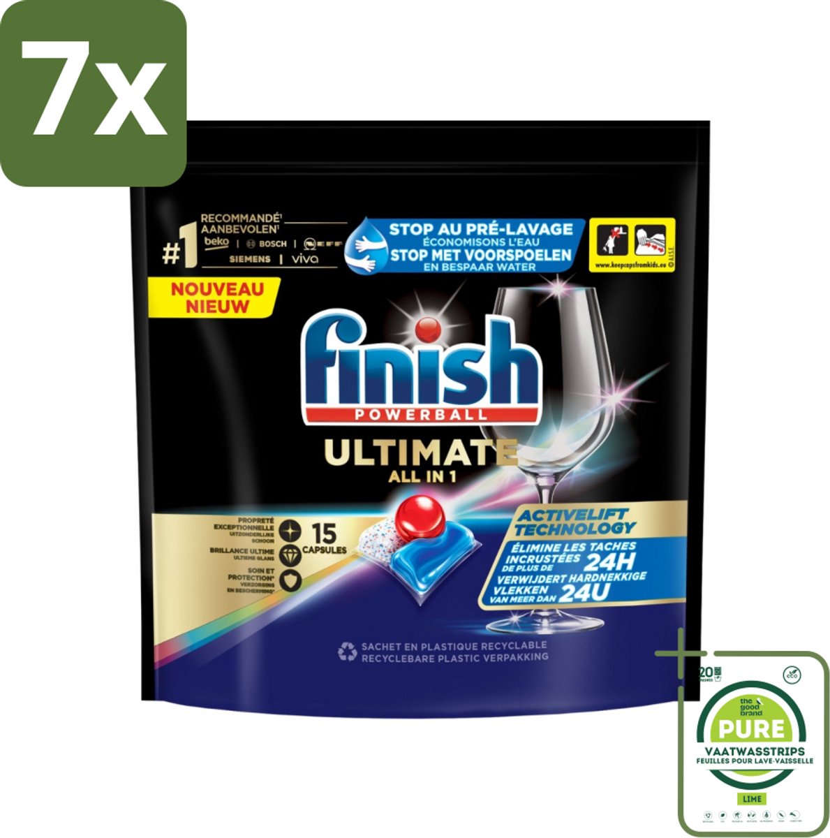 7 x Finish Powerball - Ultimate All in 1 - Vaatwastabletten - Activelift - 15 Capsules - Grootverpakking - Vaatwastabletten - Vaatwassertabletten - Finish Quantum - Activelift - Glans (8017551539493)