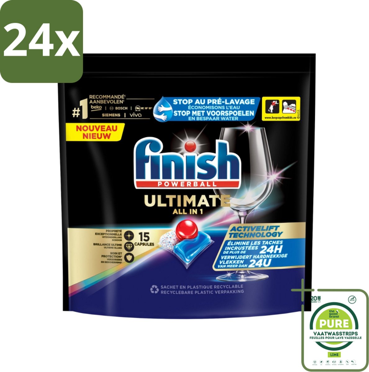 Finish Powerball - Ultimate All in 1 - Vaatwastabletten - Activelift - 15 Capsules - Voordeelverpakking - 24 stuks - Vaatwastabletten - Vaatwassertabletten (8017551655247)