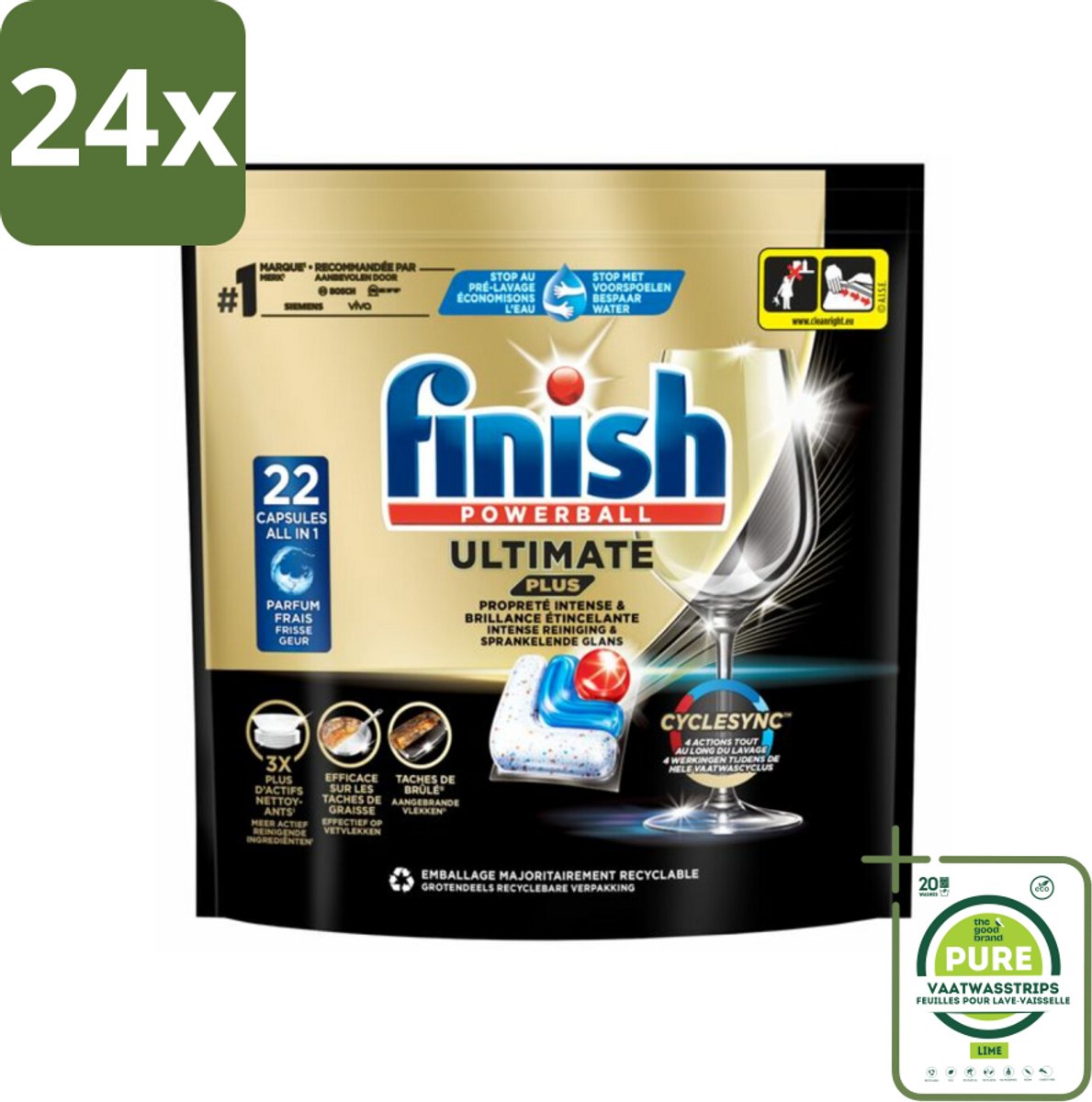 Finish - Vaatwasmiddel - Ultimate Plus Vaatwastabletten Regular - Krachtige Alles-in-1 Reiniging - 22 capsules - Voordeelverpakking - 24 stuks - Vaatwastabletten - Vaatwascapsules (8087061453176)